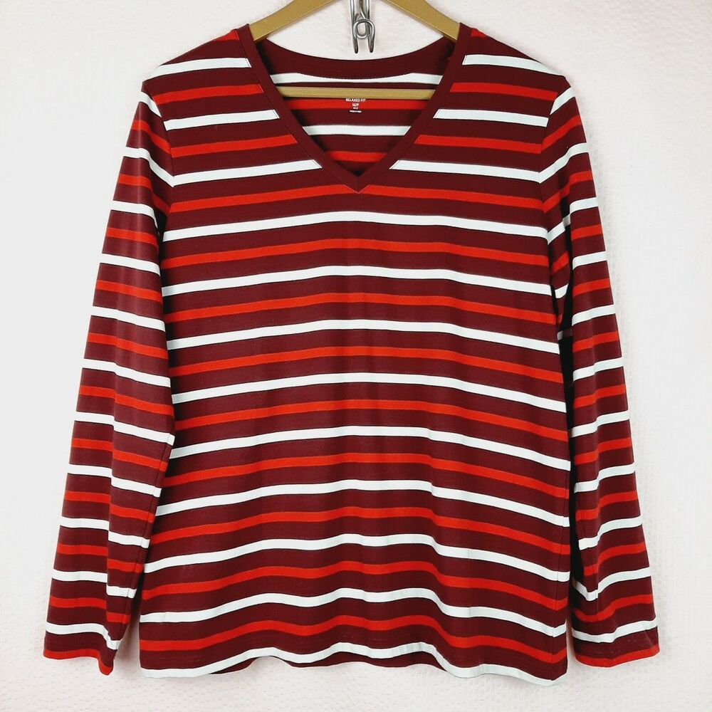 Lands End Women Pullover 100% Supima Cotton Soft and Cozy Striped Red Size M/P